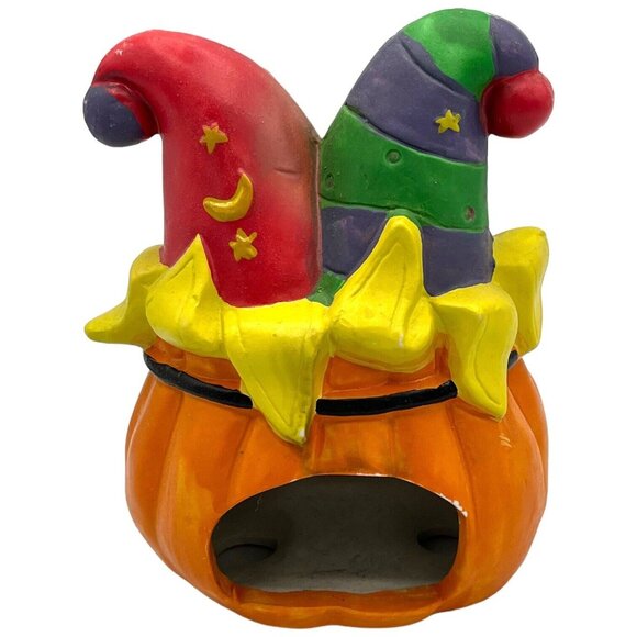 Ceramic Halloween Mardi Gras Jester Pumpkin Jack-O-Lantern Tea Light Holder - Picture 3 of 7